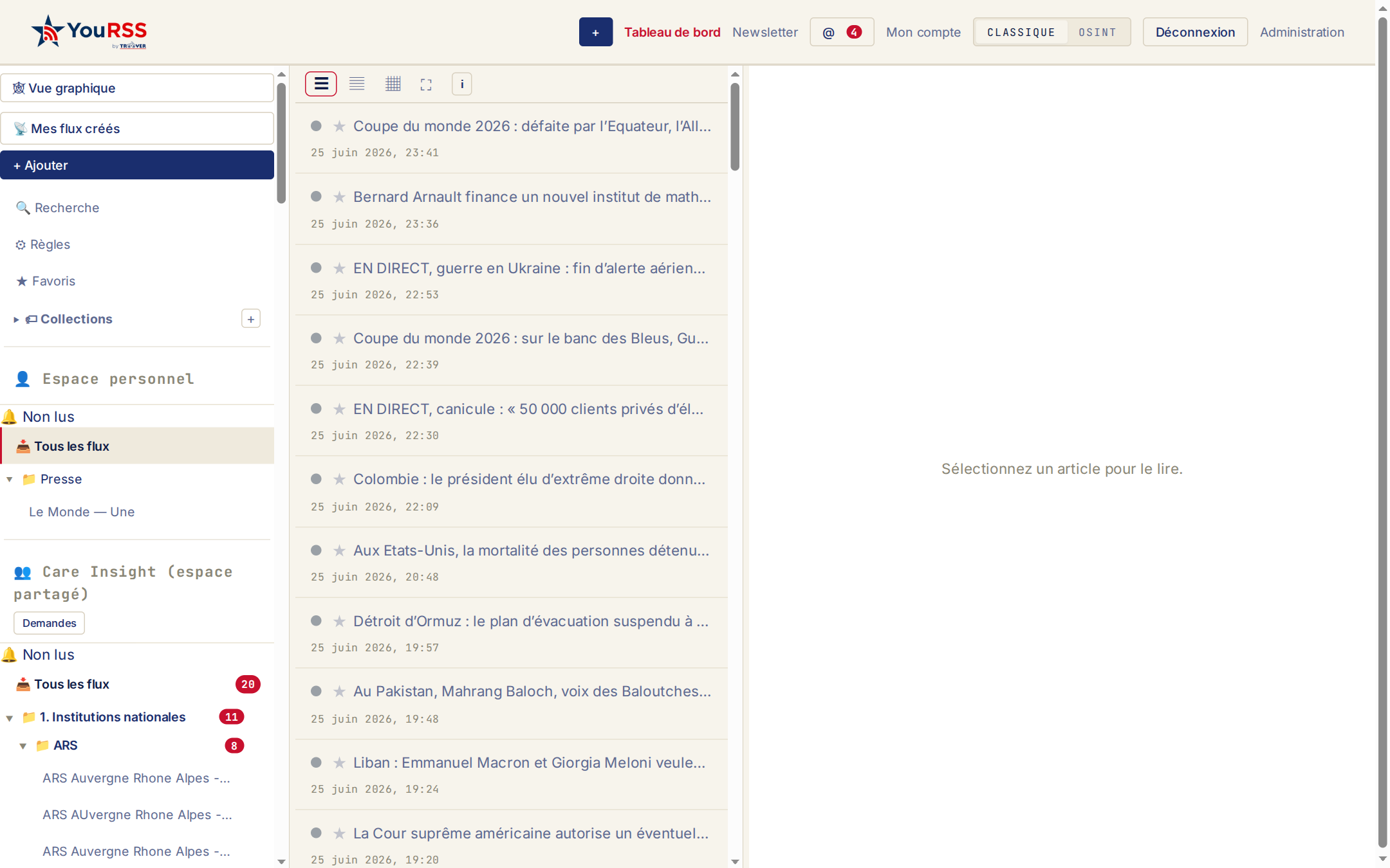Tableau de bord YouRSS