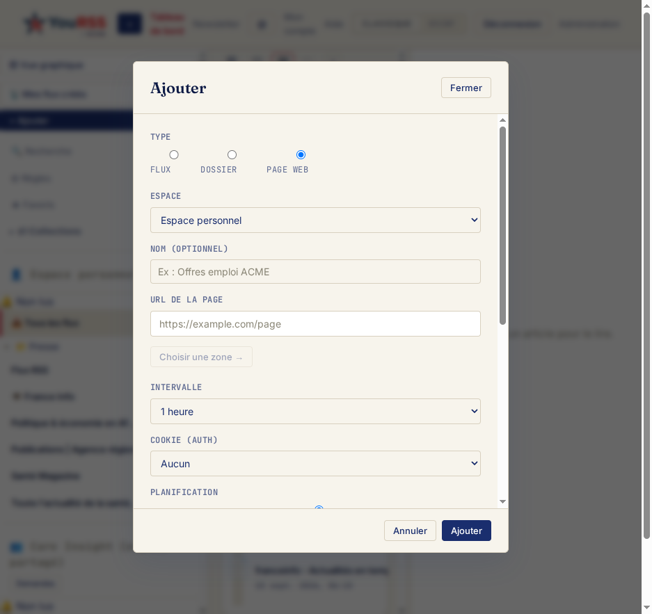 Modal Ajouter — type Page web sélectionné