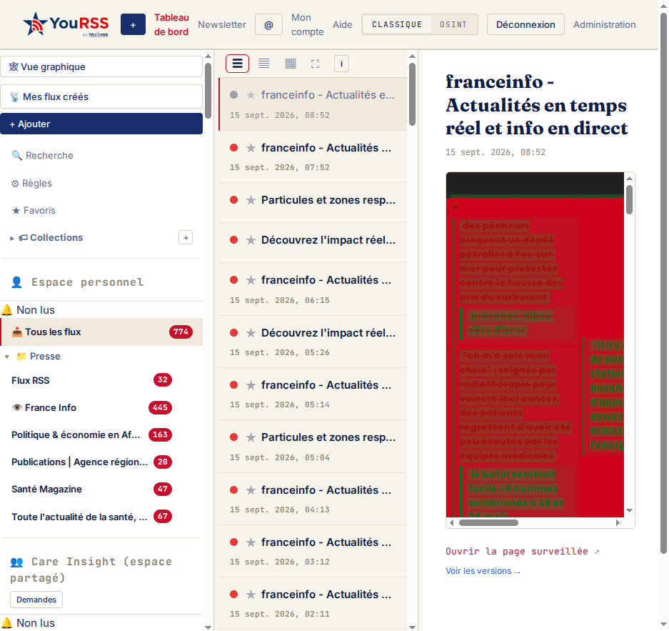 Tableau de bord — les 3 colonnes avec un article sélectionné