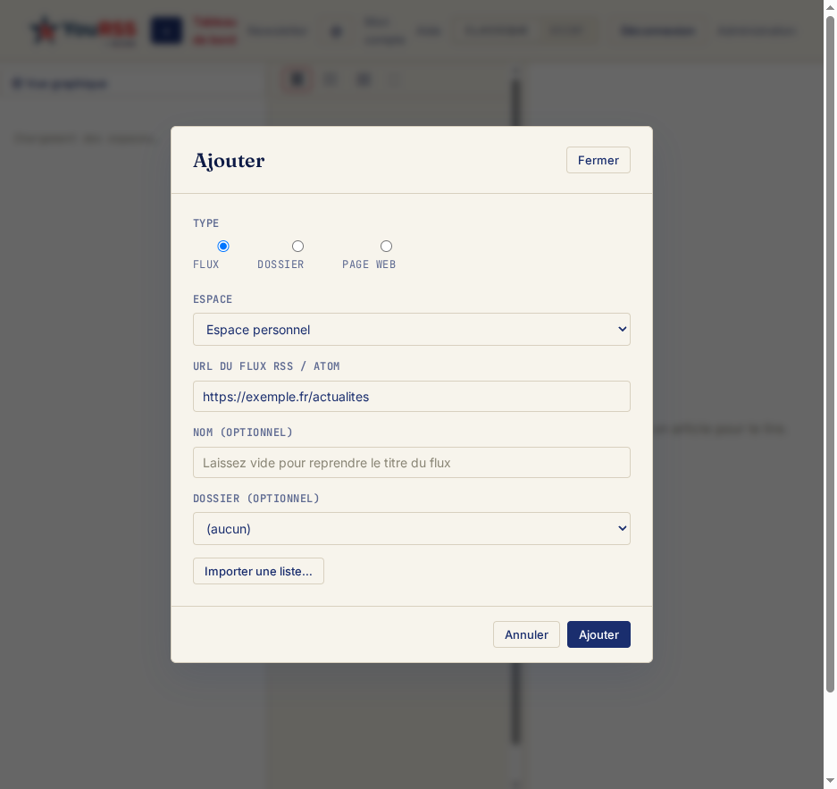 Modal Ajouter — type Flux, URL renseignée
