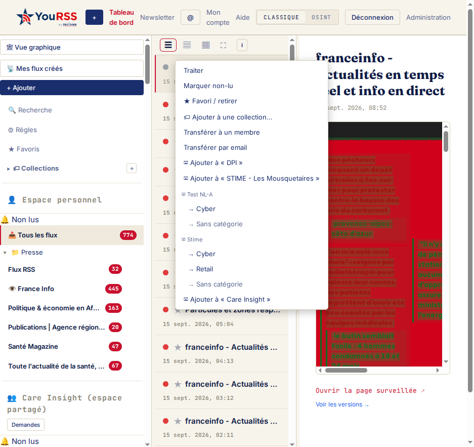 Menu clic droit ouvert sur un article