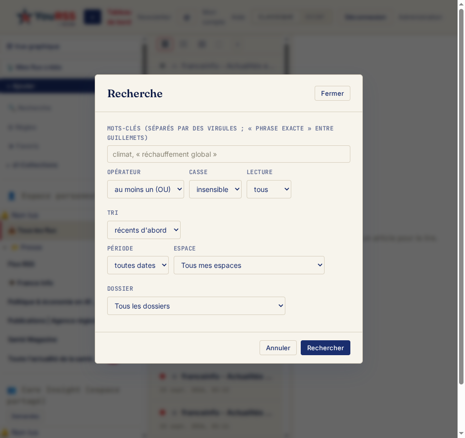 Panneau de recherche avancée ouvert